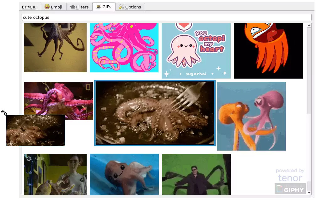 GIFs tab example, showing GIFs for query "cute octopus" with the chosen GIF dragged out of the window