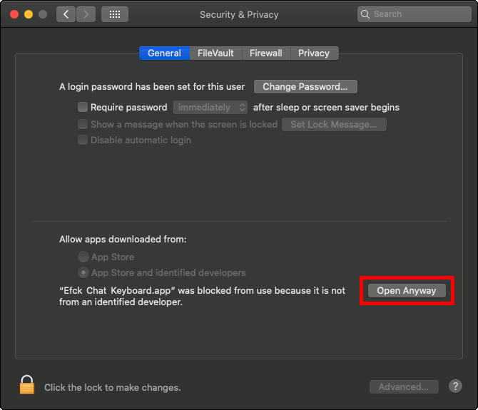 System Preferences | Security & Privacy dialog, General tab, Open Anyway