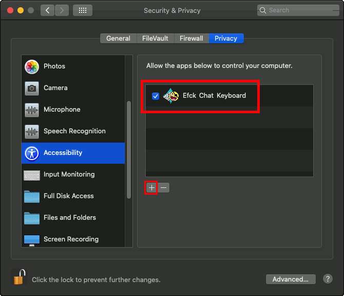System Preferences | Security & Privacy dialog, Privacy tab, Accessibility menu